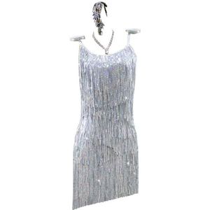 Yhwacyznm Rugloze Latijns Amerikaanse dansjurk Tango performancerok met pailletten en kwastjes voor dames Professionele salsa outfit Glanzende ballroomkleding,B,L