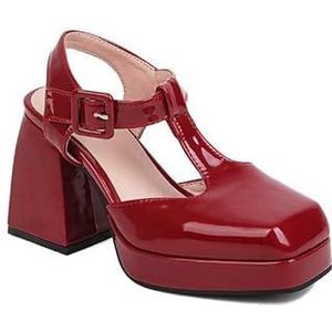 Mary Jane T-Strap Strap Chunky Block Heel Gesloten Vierkante Teen Kantoor Jurk Feestschoenen, wijnrood, 41 EU