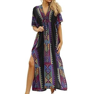 LikeJump Kaftan voor dames, katoen, print, kimono, bedekkende losse strandjurk, maxi-jurk, Zwart, one size