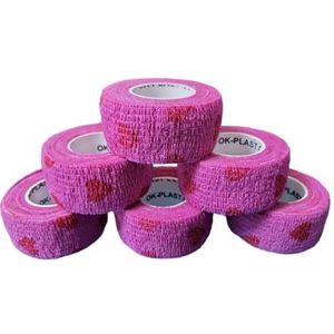6 x Ok-Plast vingerpleisters 2,5 cm breed, zelfklevend, plakt niet op huid en haar, voor mens en dier (6 rollen, roze met hart)