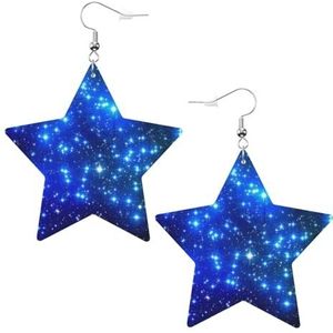 OPSREY Blauwe glanzende sterren bedrukte dames lederen oorbellen ster oorbellen lichtgewicht bengelende oorbellen, Eén maat, Kunstleer