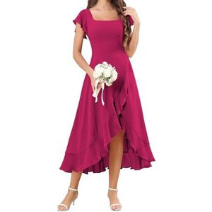 HPPEE Flutter Mouw Chiffon Bruidsmeisjesjurken voor Vrouwen Vierkante Hals Korte Avond Formele Jurk, Fuchsia, 32