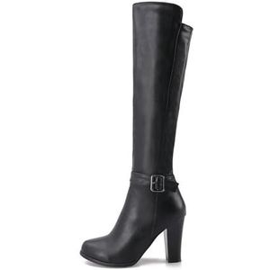 Dames Kniehoge Laarzen Winterlaarzen Met Lange Schacht Met Gesp Pluche Gevoerde Warme Snowboots PU-leer Hoge Laarzen Met Blokhak Damesschoenen Met Plateauzool for Buiten, Feest (Color : Black, Size