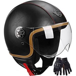 3/4 Open Gezicht Motorhelm PU Motorfiets Half Helm Voor Volwassenen Mens Retro Motorhelm ECE Goedgekeurde Motorhelmen Jet Style Helm Met Zonneklep D,M=55-57CM