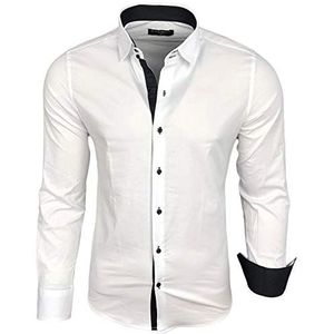 Baxboy B-500 herenoverhemd met lange mouwen, zakelijk, vrije tijd, bruiloft, gemakkelijk te strijken, slimfit, kentkraag, geschikt om te dragen bij pak, wit-zwart, M