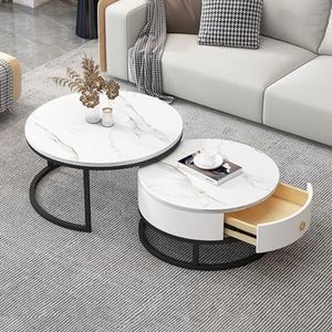 Multifunctionele salontafel, 2-delig, met opberglade for woonkamer- en slaapkamerdecoratie, leistenen marmeren textuur en metalen frame (Color : Black Frame+all White)