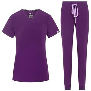 B-well NAOMI Scrubset voor dames, jas en broek, set, geneeskunde, arts, uniform, beroepskleding, dikke stof, aubergine, L