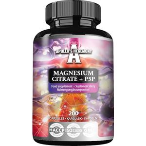 Magnesiumcitraat 120mg + Vitamine B6 (P-5-P) 5mg, 200 plantaardige capsules, 6 maanden, organische vorm van magnesium - supplement voor zenuw- en spierfuncties - by Apollo's Hegemony