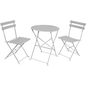 AKORD Set van tafel en 2 balkonstoelen, eetkamerstoelen, ronde tuintafel, inklapbaar, tuinmeubelen voor buiten, metalen zitgarnituur, grijs