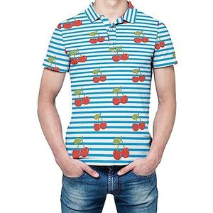Kersenpatroon met blauwe strepen heren shirt met korte mouwen golfshirts normale pasvorm tennis T-shirt casual zakelijke tops