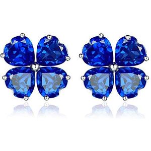 BONOCO Lucky Four Leaf Clover 925 Sterling Zilveren Oorknopjes voor Vrouwen Topaas Citrien Amethist Granaat Peridoot Aquamarijn Geboortesteen Wit Vergulde Sieraden (Color : Created Blue Sapphire)