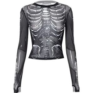 YUSHUO Goth Dark Skeleton Print Mesh Gothic Vrouwen T-shirts Grunge Esthetische See Through Crop Tops Zwart Kleding - zwart, M