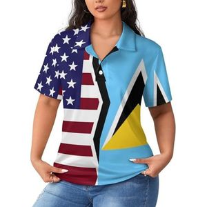 American And Saint Lucia vlag dames sportshirt korte mouw T-shirt golfshirts tops met knopen workout blouses