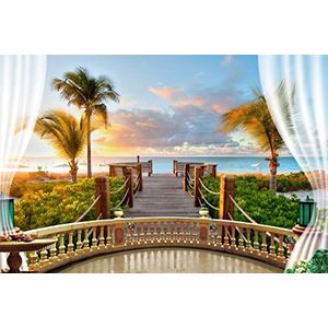 Renaiss 2.2x1.5m Hawaiiaanse kust Zonsondergang Achtergrond Zomer Strand Palmbomen Achtergrond Balkon Houten Brug Reling Fotografie Achtergrond Bruiloft Decoratie Reizen Fotostudio Props