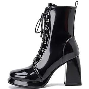 EICOFF Damesplatform enkellaarzen van lakleer met veters, blokhoge hak, combatlaarzen, booties voor dames, duurzame schoenen voor avondfeesten,zwart,35 EU