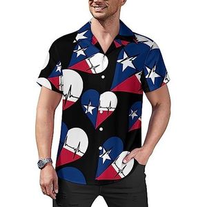 Love Texas Heartbeat casual overhemden met knopen voor heren, korte mouwen, Cubaanse kraag, T-shirts, tops, Hawaiiaans T-shirt, S