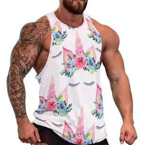 Eenhoorns met wimpers in de bloemen heren tanktop grafische mouwloze bodybuilding T-shirts casual strand T-shirt grappige gym spier