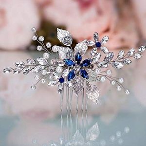 Olbye Haarkam voor bruid, blauwe strass, haaraccessoires voor bruid en bruidsmeisjes, zilverkleurig