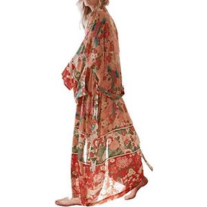 L-Peach kaftan voor dames met bloemenprint, lange jurk, strandjurk, pareo, cover-ups, eenheidsmaat, Rode kimono met bloemenprint, Eén maat