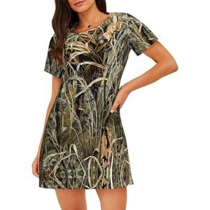 Camo gele en groene print dames zomer gewaad, korte mouwen nachtkleding, zacht en comfortabel, voor thuis en buiten, Zwart, S
