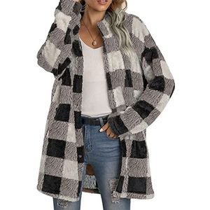 Sawmew Fleecejack dames lange geruite winterjas jas parka vest pluche jas pluche jas winterjas fleece jassen teddy jas voor dames (Color : Gray, Size : M)