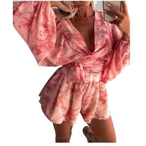 BANGHA Jumpsuits Voor Vrouwen Zomer Casual Vrouwen Sexy Mode Vrije Tijd Woon-werkverkeer Vakantie Stijl Veelzijdige Platteland Stijl Plant Bloem Print V-hals Jumpsuit, Rood, XXL