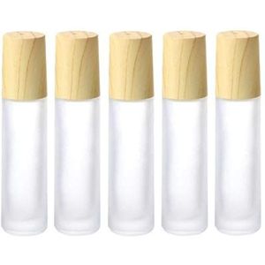 Etherische olierolflessen, 5 Pack 10 ml kleurrijke frosted glazen rolflessen met roestvrijstalen rolballen, houtnerf deksel parfumrol op flessen lippenbalsems container (wit glazuur)