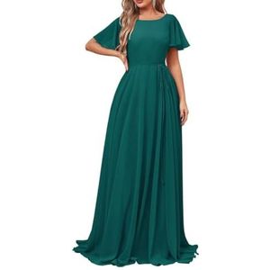 Damesjurken met korte mouwen, lange bruidsmeisjesjurk, chiffon, formele avondjurken met zakken, Turkoois, 38