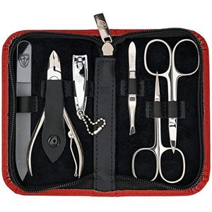 DREI SCHWERTER - 6-delige nagelset 'Verona' | Uitgebreide manicure- en pedicureset in rood echt lederen etui | Inhoud: nagelschaar, huidschaar, nagelknipper, glazen nagelvijl, pincet, nageltang
