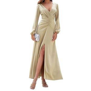 Bruidsmeisjesjurk met lange mouwen en split, V-hals, galajurk, geplooide bruiloftsjurk, Champagne, 32