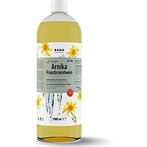 BANO Tiroler Arnica Franzbranntwein 1000ml | Ideaal voor en na het sporten en lichamelijke inspanning, en ook voor pijnlijke spieren | Voor verkoeling van zware benen | Bevat 65 volumeprocent alcohol, alsmede echte berg dennenolie, menthol en arnica extract. alcohol, echte bergdennenolie, menthol en arnica-extract, onder andere.