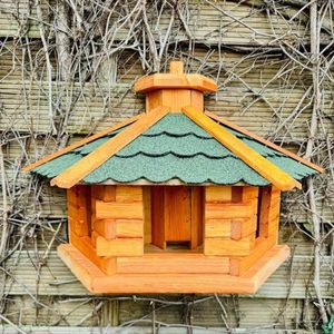 DARLUX Handgemaakte muur vogelvoederhuis XL vogelhuis hout weerbestendig voederplaats hangend bruin groen