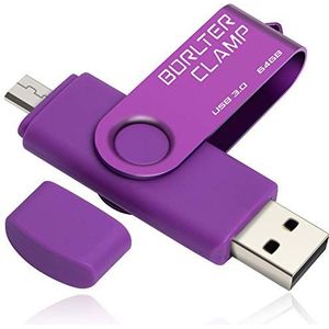 BorlterClamp 64GB USB Stick USB 3.0 Dual Flash Drive OTG-Geheugenstick met Micro-USB voor Android-Smartphone Tablet & Computer (Paars)