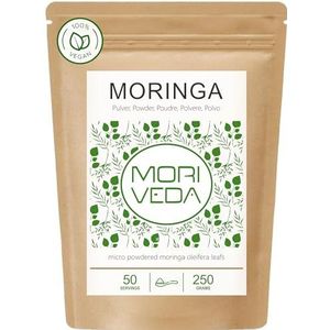Moringa poeder 250g - Veganistisch en glutenvrij - microfijn oleifera bladpoeder bevat vitaminen proteïnen aminozuren, micronutriënten met maximale biologische beschikbaarheid - van MoriVeda - 1x250g