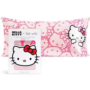 Kitsch x Hello Kitty satijnen kussensloop met rits voor haar, zachter dan zijde, machinewasbaar, kreukvrij, verkoelende, satijnen kussenslopen, king-formaat 48 x 91 cm, roze kattengezichten