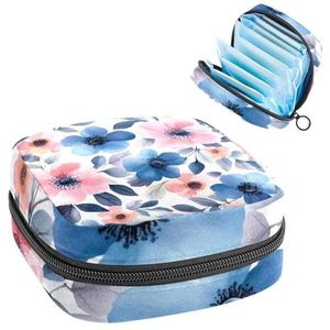 Draagbare maandverband opbergtas, menstruatiecup zakje vrouwelijke menstruatie pads tas voor tienermeisjes, tampons eerste menstruatie kit, kleurrijke abstracte blauw roze bloemen en bladeren