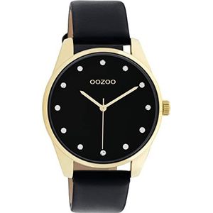 Oozoo Timepieces Dameshorloge - polshorloge dames met 18 mm brede leren armband | hoogwaardig horloge voor vrouwen - elegant analoog herenhorloge in rond, zwart/goud, M, Riemen.