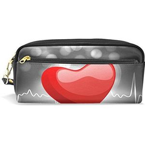 Eslifey Rode Hart Beat Draagbare Pouch PU Lederen School Pen Case Stationaire Potlood Zakken Waterdichte Cosmetische Tas Make-up Beauty Case