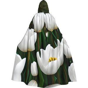 Witte Tulpen Bloem Print Mannen Hooded Mantel, Volwassen Cosplay Mantel Kostuum, Cape Halloween Dress Up, Hooded Uniform