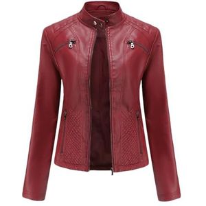 Dvbfufv Vrouwen Herfst Winter Jassen Vrouwelijke Kleding Dames Lange Mouw Biker Rits Lederen Jassen Tops, wijnrood, XS