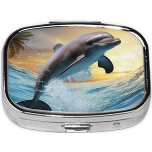 Dolphin Jumping Print Vierkante Pillendoos met 2 Compartimenten Draagbare Mini Pillenetui Metalen Pillenorganisator Pil Container voor Pocket Portemonnee Kantoor Reizen