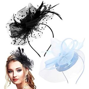 2 stuks Fascinators Hoed Theekransje Hoofdband Mesh Bloem Veer Haarclip for Dames Meisjes Bruiloft Cocktail Zwart, Blauw