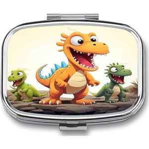 Kleine pillendoos 2 compartimenten geneeskunde pillendoosje draagbare drie cartoon dinosaurussen bedrukte pillencontainer voor zak of portemonnee pillendoos metalen geneeskunde vitamine organizer