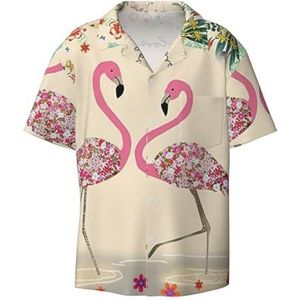 TyEdee Flamingo's en bloemenprint heren korte mouwen overhemden met zak casual button down overhemden business overhemd, Zwart, 4XL