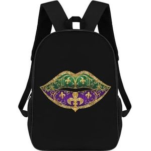 Mardi Fleur-De-Lis Gras rugzak met paarse en groene lippen, casual 17 inch, grote dagrugzak, schoudertas met verstelbare schouderbanden voor dames en heren