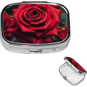 Rode Roos Pillendoos 2 Compartimenten Vierkante Draagbare Pillenhoes voor Pocket of Portemonnee Pil Houder Wekelijkse Pil Organizer Decoratieve Metalen Geneeskunde Vitamine Organizer Reiscadeau