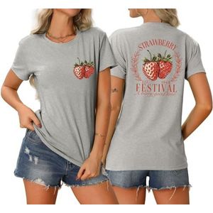 Aardbei Print Vrouwen Tees Shirt Zomer Leuke Est Festival 1968 Tops Traditionele Aardbei Vakantie T-shirt, Grijs, S