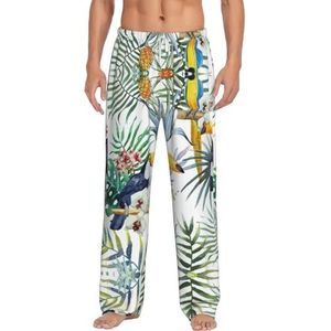 Tropische bladeren vogel heren lange lounge wear broek nachtkleding pyjama broek nachtkleding met zakken en trekkoord, Wit, S