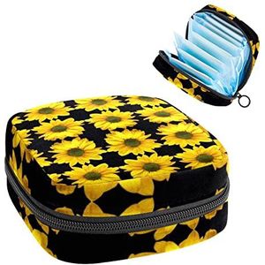 Maandverband Opbergtas,Draagbaar maandverband Opbergzak,Little Yellow Zonnebloem Bloemmotief Zwart, Meerkleurig, 4.7x6.6x6.6 in/12x17x17 cm