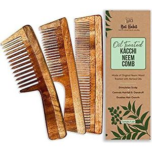 Nat Habit - Kacchi Neem Houten kam - gedrenkt in 17 kruiden, neem & sesamolie voor meerdere acties - Ontwarren, Frizz Control & Shine (Dual Tooth, Fine Tooth & Wide Tooth) Combo Pack van 3